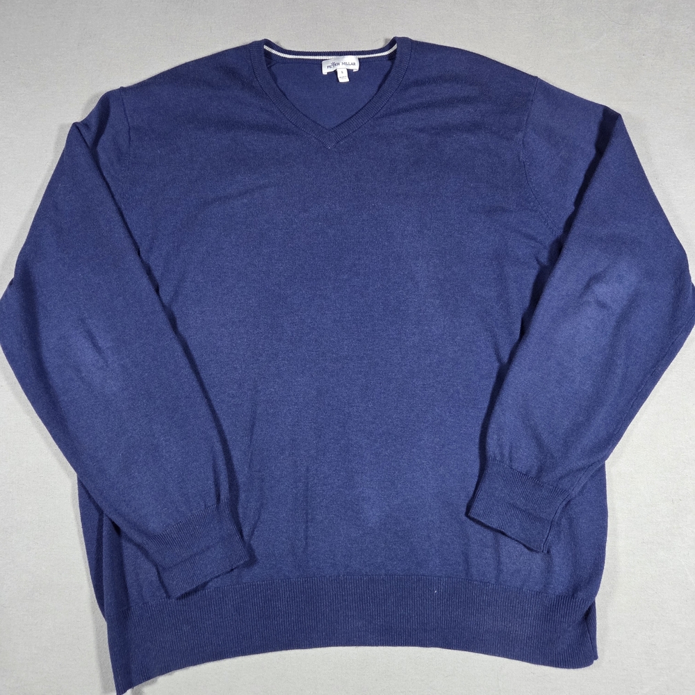 Peter Millar Men's Blue V-Neck Silk Cashmere Blend Sweater Size Large